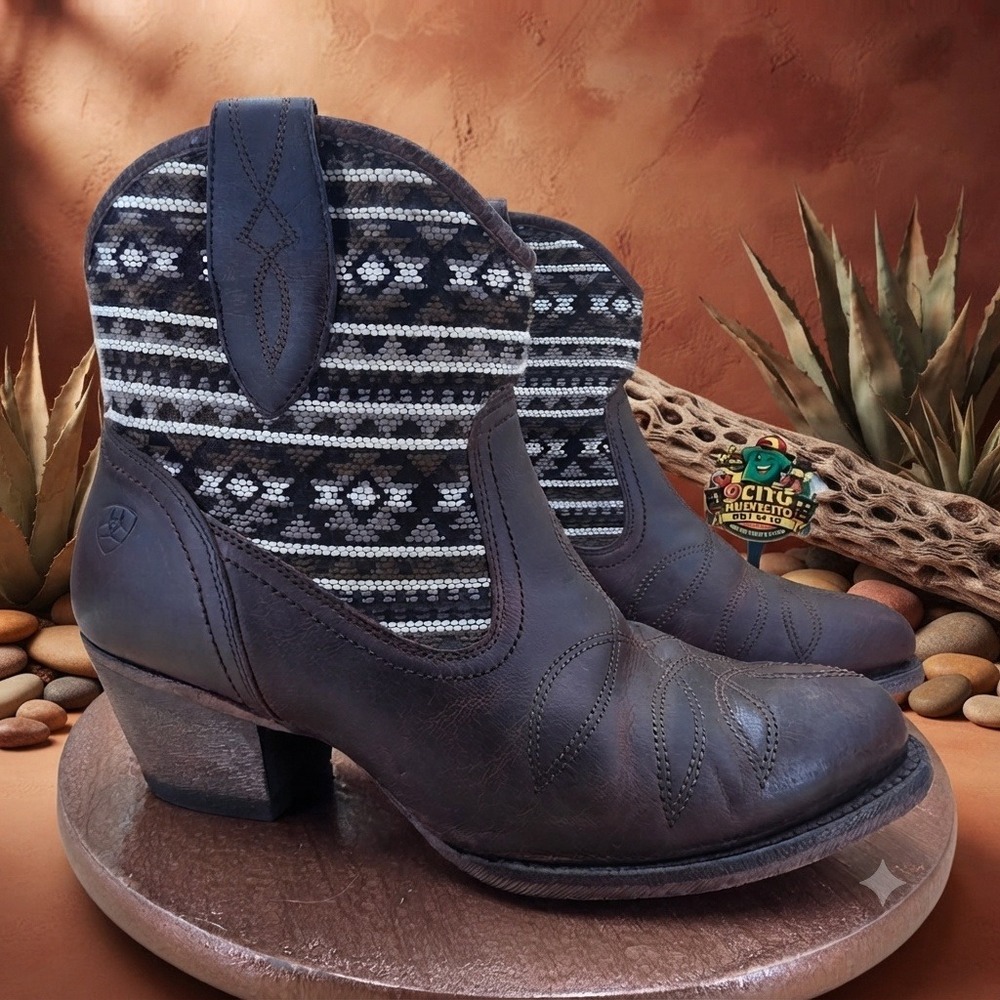 Ariat Women Brown Leather Southwestern Woven Ankle Boots 10014106 Size 9 B
